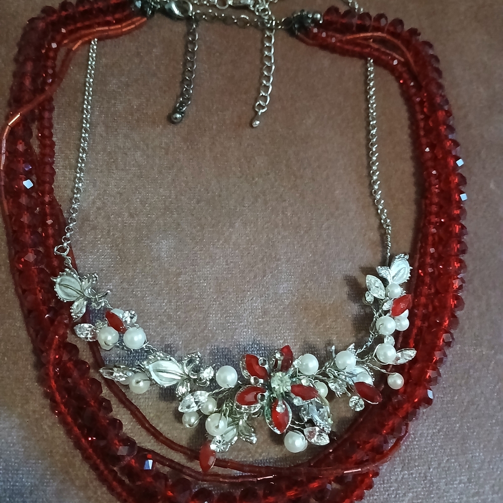Red Floral Crystal Statement Necklace - Women Jewelry